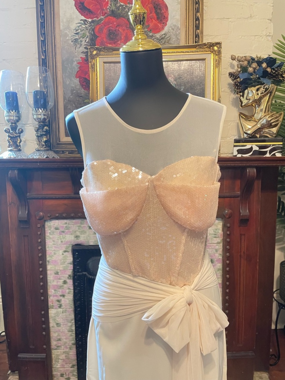 Peach Sequin Bustier Gown with Sheer Yoke
